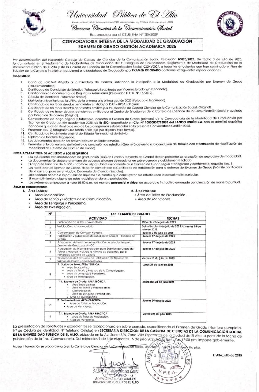 CONVOCATORIA INTERNA DE LA MODALIDAD DE GRADUACIÓN EXAMEN DE GRADO GESTIÓN ACADÉMICA 2025